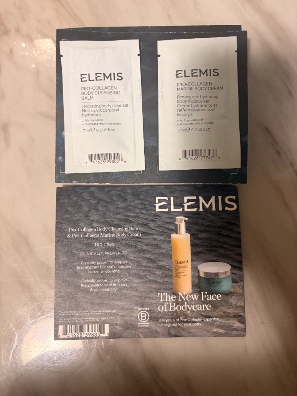Elemis sample card with body wash and body cream- 10 count
